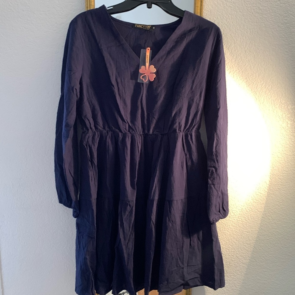 FANCYINN Cute Shift Tunic Dress for Women Ruffle Swing Babydoll Mini Long Sleeve